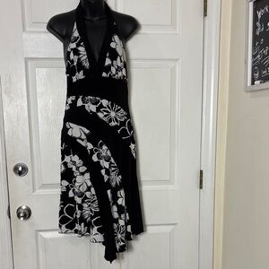 Y2K halter dress black and white tropical floral print slinky LaBelle size Large